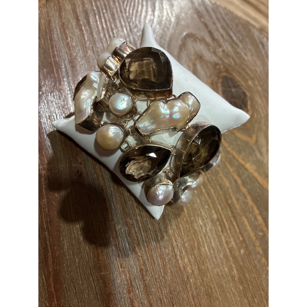 Smoky Quartz and Baroque Pearl Statement Toggle Bracelet Silver Tone 8 Inch
